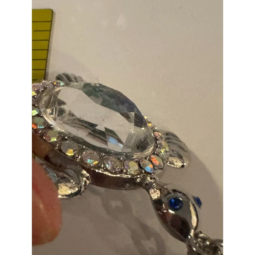 Silver Sea Turtle Shaker Keychain Blue Green Crystals AB Rhinestones Pearl Charm